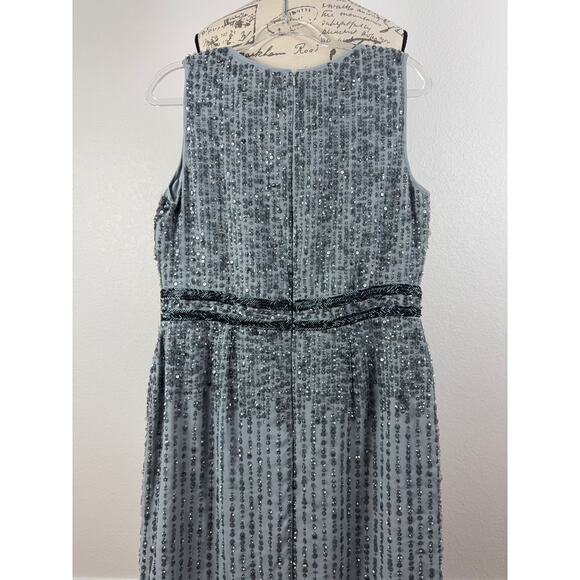 B69 Mac Duggal Sequin Midi Sheath Dress Womens 12 Gray Sleeveless Wedding Guest - Picture 8 of 11